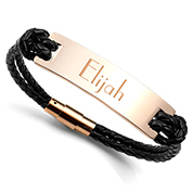 Black Braided Personalized Leather ID Bracelet with Rose Gold Tag 8 1/2 Inch